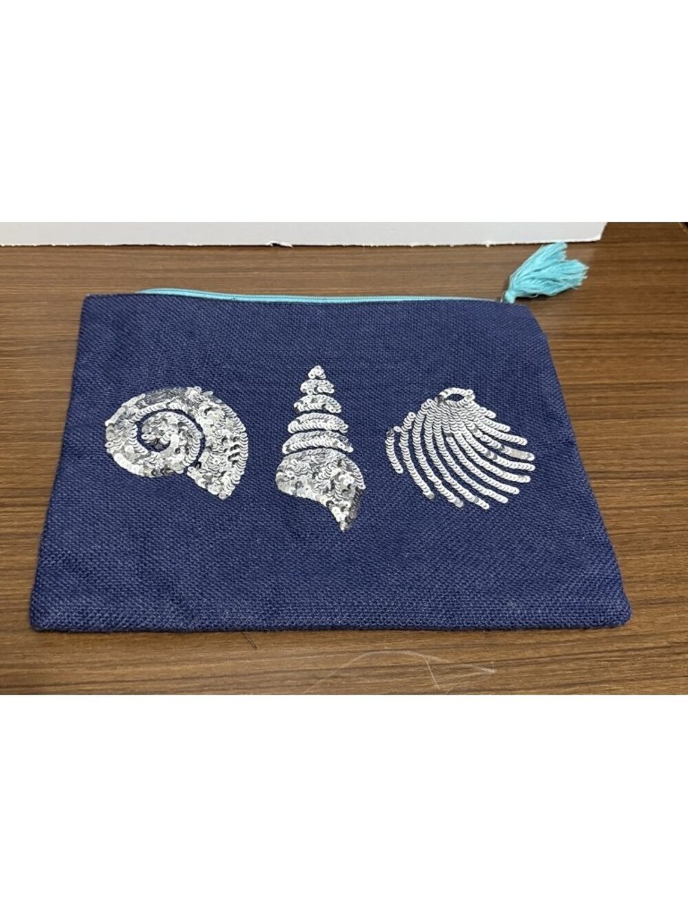 Mudpie Large Pouch Blue Seashell Embellished 100% Jute Travel Essentials Boho